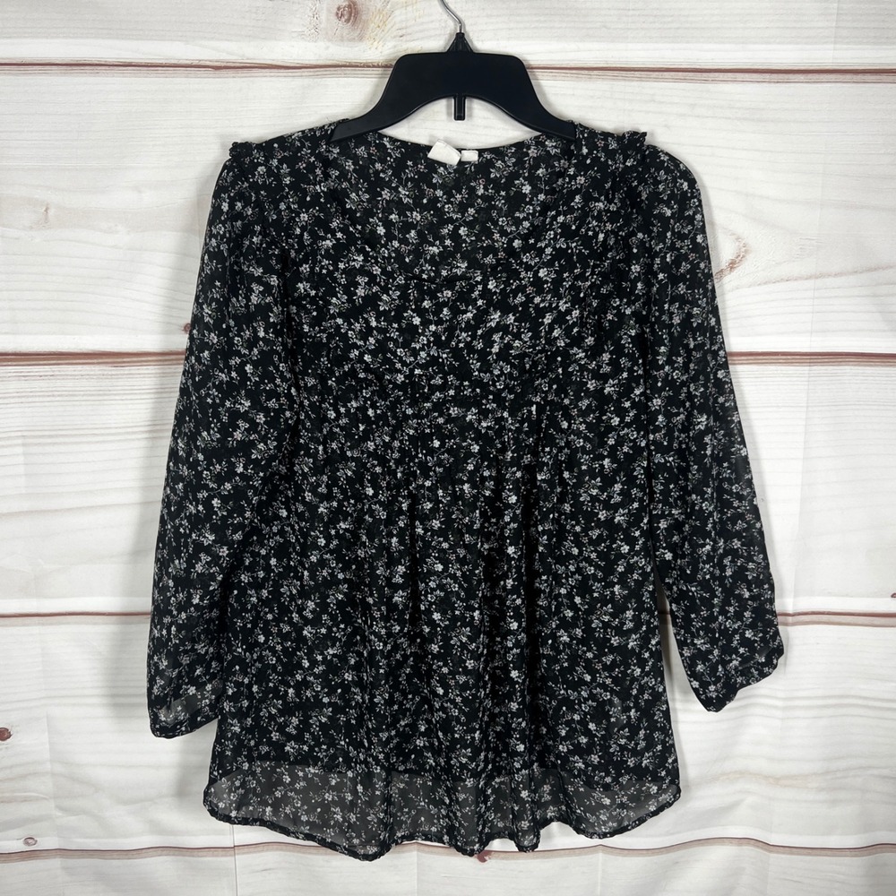 Gap Floral Blouse Women Small Black Sheer Ruffle Pintuck Long‎ Sleeve Top Woven